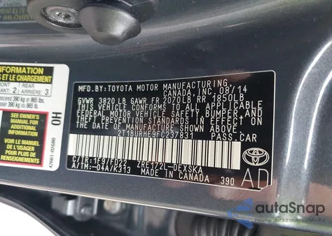 2015 Toyota Corolla S Plus from USA, damaged, VIN 2T1BURHE9FC237831